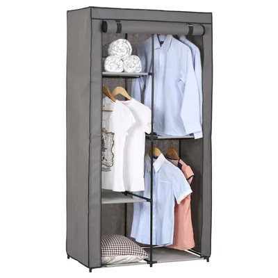 Produktbild von Stoffkleiderschrank Kellerschrank Faltkleiderschrank ADAM, mit 3 Kleiderstangen und 2 Regalfächern, mit Schutzhülle in grau - 5 verschiedene Aufbauvarianten