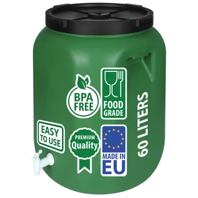 A green 60-liter barrel with a black lid and a white tap, featuring several informational icons and text.