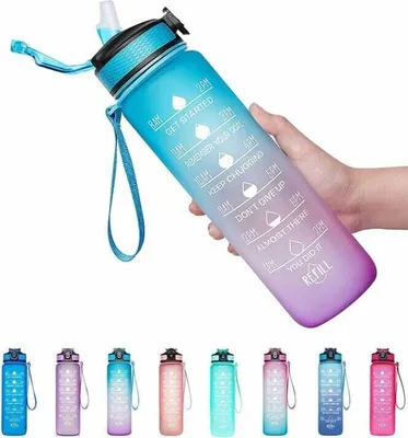 Produktbild von 1-Liter-Sportwasserflasche mit motivierender Zeitmarkierung, auslaufsichere Wasserflaschen mit Fruchtfilter und Reinigungsbürste, BPA-frei, Blau/Lila Farbverlauf