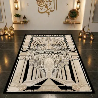 Image de Tapis de prière avec motif architectural de mosquée en noir, beige et crème Dimensions : 80 x 120 cm