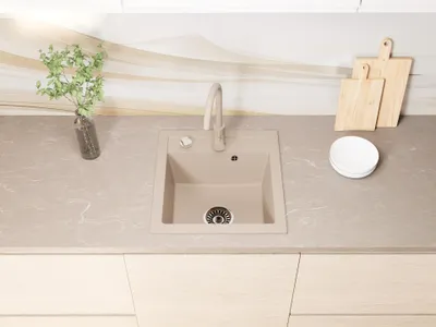 Produktbild von [Granitspüle 49x52] beidseitig Montierbar Einbaugranitspüle Granit Spülbecken f. Unterschränke ab 45 cm inkl.Siphon Set, Farben:Beige