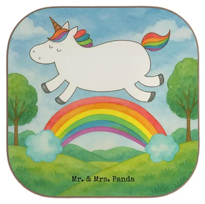 Produktbild von Mr. & Mrs. Panda Tassenuntersetzer Einhorn Regenbogen Design - Weiß - Geschenk, Unicorn, Holzuntersetzer, Untersetzer Glas, gläseruntersetzer, Coaster, Glitzer