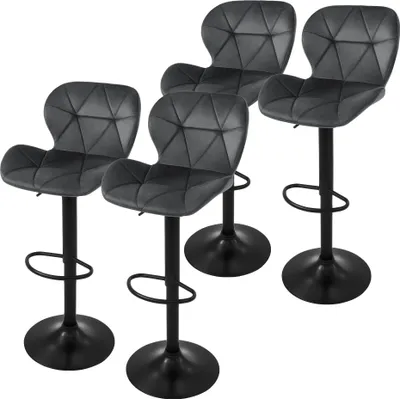 Four gray bar stools are arranged in a group on a white background.