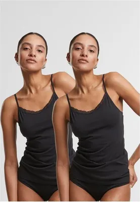 Produktbild von Damen-Tanktop Urban Classics Basic Tank Top aus Baumwolle mit Spitze, 2er-Pack, schwarz+schwarz - Größe L