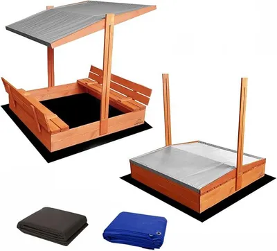 Produktbild von Sandkasten aus Holz mit Dach GRAU & wetterfester Tarpaulin Abdeckung - Sandkiste 120 x 120 cm. mit UV 50 Sonnenschutz & Faltbare Bank - Sandkästen rechteckig überdacht für Kinder