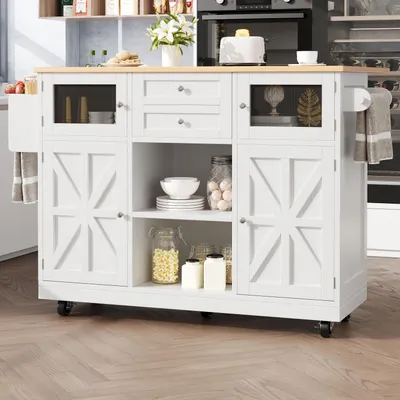 Produktbild von Kücheninsel mit klappbarer Arbeitsplatte, weißer Küchenwagen mit Stauraum, MDF mit Holzmaserung, Rollen und Handtuchhalter, 140 cm