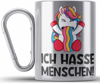 Produktbild von Trendation - Ich Hasse Menschen Edelstahl Tasse Karabinern Edelstahl Tasse Karabiner Becher Karabiner Edelstahl Tasse Karabiner Edelstahl Einhorn Lustig Spruch Geschenk Frauen Männer (Silber)