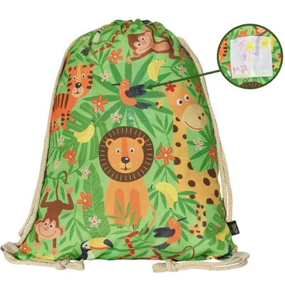 Immagine prodotto di HECKBO Sacca sportiva per bambini con finestra porta nome e motivo giungla | Per asilo, scuola e sport | Leone, tigre, giraffa