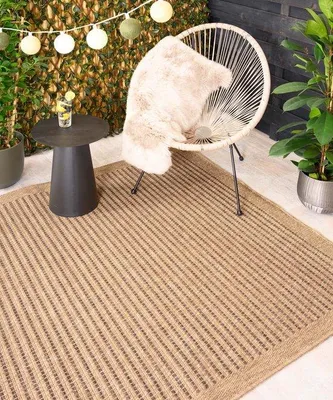 Imagen del producto de Alfombra de yute para exteriores Unyqoos® estilo bohemio, diseño a rayas, color beige/marrón, 160 x 230 cm, aspecto natural de yute/sisal con textura de tejido