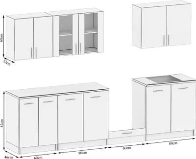 A diagram showing the dimensions and layout of a modular kitchen unit.