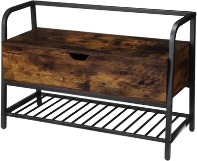 Productafbeelding van Bank met opbergruimte, vintage stijl – Schoenenbank met opklapbaar vak en plank – 84 cm – Metalen frame – Bruin