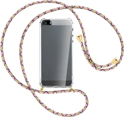 Produktbild von Handykette Backcover-Schutzhülle mit Band (Metall goldfarben) für Apple iPhone 5, 5S, SE - rosa Karo