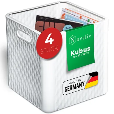 Obrázok produktu pre Novaliv 4x box 30x30x30 cm biele boxy pre regál Kallax koše 30x30 úložný box regál ako skrinka boxy ideálne ako boxy pre regál Kallax skladacie boxy 30x30x30 cm skladací box 30x30 ako boxy Kallax