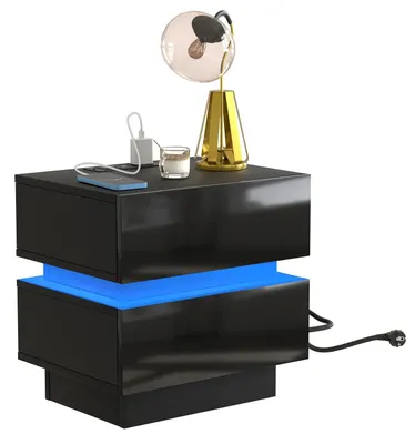 Produktbild von Nachttisch - Nachtschrank - 2 Schubladen Stauraum - Metallgestell Massivholzbeine - Für Schlafzimmer Wohnzimmer - Schwarz