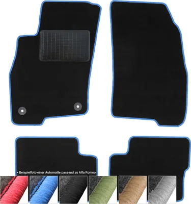 Produktbild von Fußmatten Auto Velours Autoteppiche Schwarz Automatten Set 4-teilig passend für Alfa Romeo 146 1994-2001 (Blaue - Ziernähte)