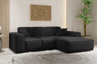 A black sectional sofa is shown in a living room setting with a decorative wall hanging and a plant.