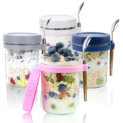 4er-Set Overnight-Oats-Gläser 350 ml mit Deckel & Löffel