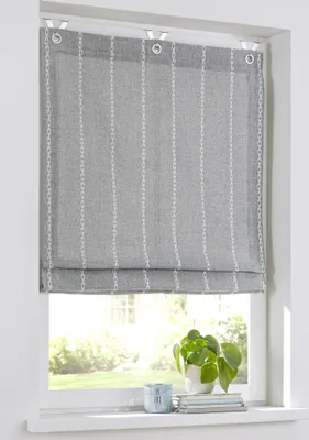 Produktbild von Raya Raffrollo mit Ösen Blickdicht grau, Raffgardine leicht verdunkelnd, gestreift Streifen Offwhite, Polyester pflegeleicht, 45 x 130 cm