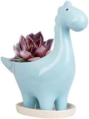 Produktbild von PolkaHome® Keramischer Dinosaurier-Blumentopf für Kakteen und Sukkulenten – 18x6x15 cm, Blau
