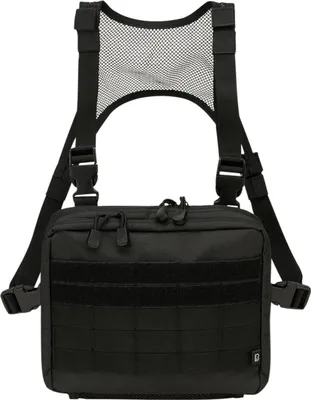 A black chest pack with straps and mesh on a white background.