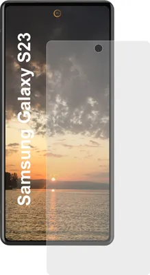 A Samsung Galaxy S23 phone with a screen protector applied.