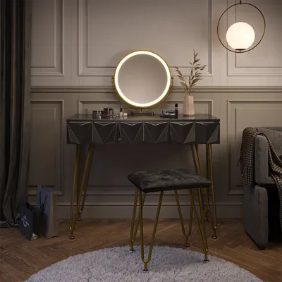 Produktbild von Vicco Schminktisch Ruby, 100 cm mit LED-Spiegel und Hocker, Schwarz Hochglanz
