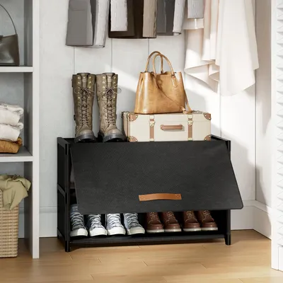 Produktbild von FABATO 3-stufiger Schuhschrank mit Tür, Kunststoff-Regal für 12 Paar Schuhe, kompakter Schuhorganizer in Schwarz für Flur, Schlafzimmer & Wohnbereich