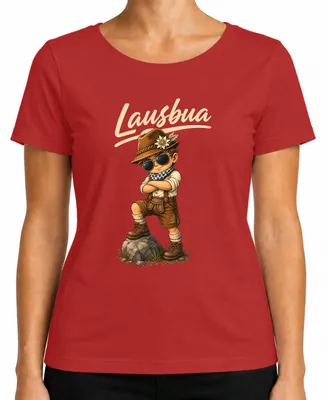 Immagine prodotto di Pantaloni in pelle "Lausbua", tipici della Baviera. Maglietta alla moda con motivi tradizionali. Abito tradizionale "Dirndl". Maglietta da donna, stile alpino, colore rosso, taglia L