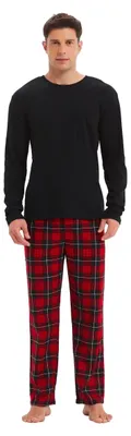 Image de Ensemble pyjama femme - 100% coton - T-shirt noir et pantalon à carreaux