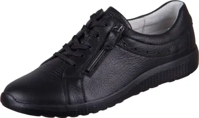 A single black leather sneaker is shown against a white background.