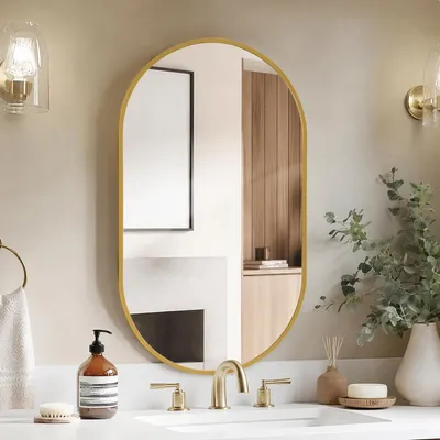 Image de INONEFT Miroir mural ovale, 75 x 50 cm, miroir de maquillage haute résolution avec cadre en aluminium, idéal pour la salle de bain et la chambre, en verre trempé, finition dorée