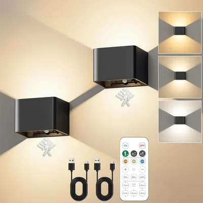 Produktbild von 2 Stück Akku Wandleuchte Innen mit Bewegungsmelder & Fernbedienung, 3 Farben LED Wandleuchte, Kabellose Wandlampe Innen Batterie mit Schalter, Dimmbar
