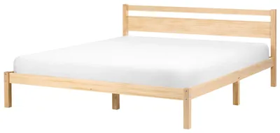 Produktbild von BELIANI Bett Hellbraun Kiefernholz mit Lattenrost 180x200 cm Hohes Kopfteil ohne Fußteil Schlicht Skandi Design Schlafzimmer Holzbett Doppelbett