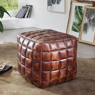 Zdjęcie produktu dla FineBuy Poduszka do siedzenia z prawdziwej skóry brązowej 39 x 41 x 39 cm Otomana Salon Pufa Taboret orientalny Tapicerowana poduszka do siedzenia elegancka Orient Podnóżek Sofa Kostka