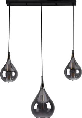 Produktbild von Näve Leuchten Pendelleuchte GOTA mit E27 Pendelleuchte GOTA mit E27 Pendelleuchte - 3er Pendelleuchte "GOTA" smokey, Hängelampe im Retro Style, ausMetall und Glas in schwarz, 150 cm hoch, Maße 88 x 25 cm, E27-Fassung