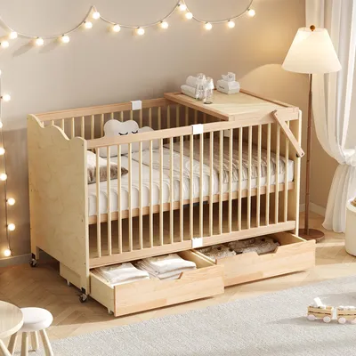 Productafbeelding van Okwish babybed met verschoningstafel en 2 lades, verstelbare bodem in 4 hoogtes, ledikant met opbergruimte, naturel, zonder matras