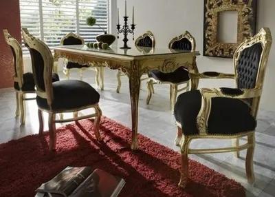 Image de Casa Padrino Baroque Salle à manger Set Noir / Or - Table à manger + 6 chaises - Meubles de style antique