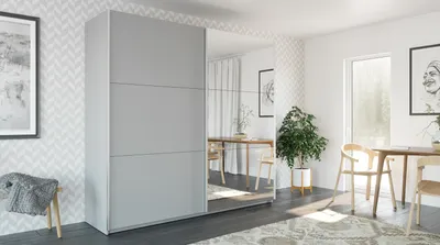 Produktbild von Modern Kleiderschrank mit Spiegel VIGO, Schwebetürenschrank, Sideboard, Schrank Wohnzimmer (Weiß, 225 cm)