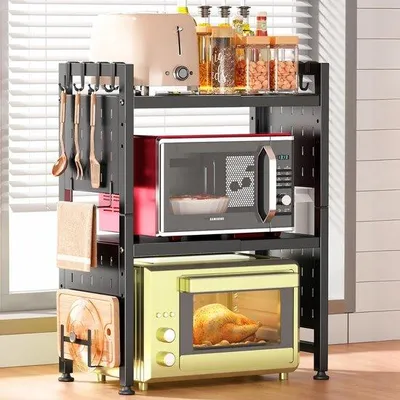 Produktbild von Famanu Mikrowellenregal mit 8 Haken und Schneidebrettständer - erweiterbar 44-70 cm, schwarz, 2 Ebenen
