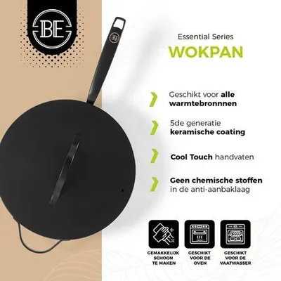 Zdjęcie produktu dla Patelnia Wok z pokrywką – średnica 30 cm – powłoka ceramiczna nieprzywierająca – nadaje się do użytku z płytami indukcyjnymi – bez PTFE i PFOA – kolor czarny
