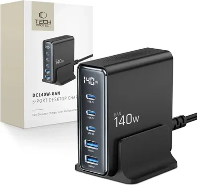Produktbild von Tech-Protect Dc140W-Gan 5-Port Desktop-Ladegerät Pd140W/Qc3.0 Schwarz