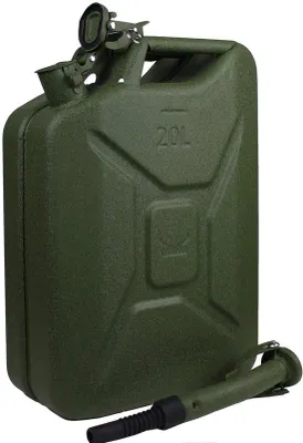 Image de Uniqoos® Bidon métallique de 20 litres – Bidon robuste, revêtement vert olive texturé, avec bec verseur et support, conforme aux normes UN, revêtement par électrophorèse