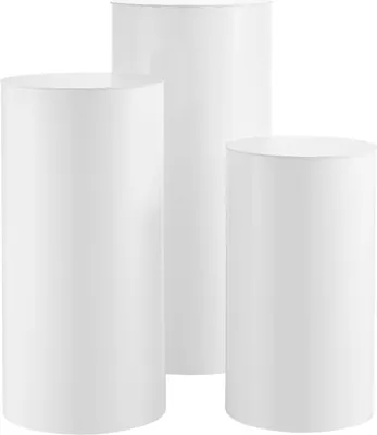 Zdjęcie produktu dla Stojak na kwiaty ślubne, 3 sztuki, okrągły cokół cylindryczny 60/75/90 cm, biały stojak z pokrywą z PVC, cylindryczne stojaki na ślub, przyjęcie, urodziny, dekoracje artystyczne, obciążenie 15 kg