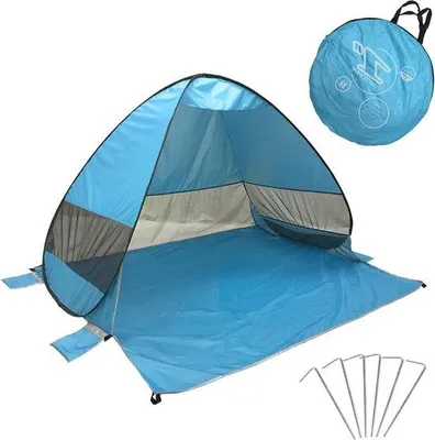 Produktbild von Strandzelt, Pop-up-Strandzelt für 2 Personen, 200 x 165 x 130 cm, mit UV-Schutz, inklusive Aufbewahrungstasche und Heringen – Sonnenschutz, Strandpavillon (hellblau)