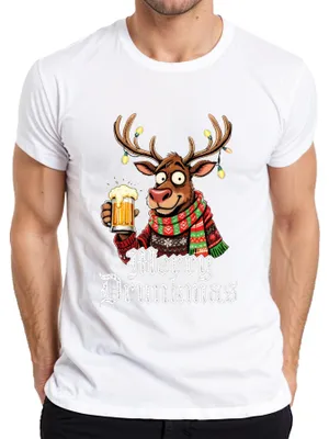 Obrázek produktu pro Merry Drunkmas Reindeer with Beer Christmas Funny Gift Party Pánské tričko, bílé, L