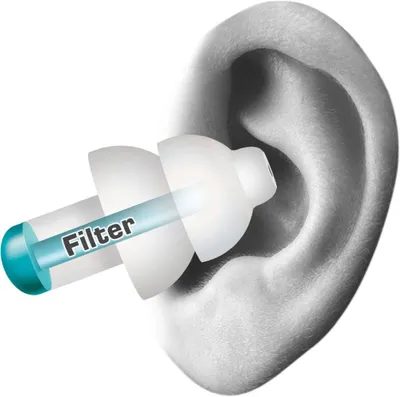 A diagram showing an ear with an earplug inserted, illustrating the filter component.