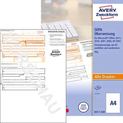 Produktbild von Avery Zweckform 2817-200, Überweisung/Zahlschein, PC-Druckerformular, A4, 200 Blatt