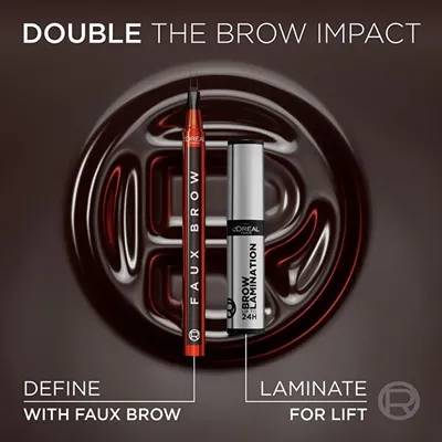 A L'Oréal Faux Brow pencil and Brow Lamination gel are displayed against a dark, glossy, circular background with text overlays.