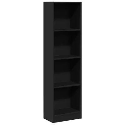 A tall, narrow black bookshelf with four shelves.