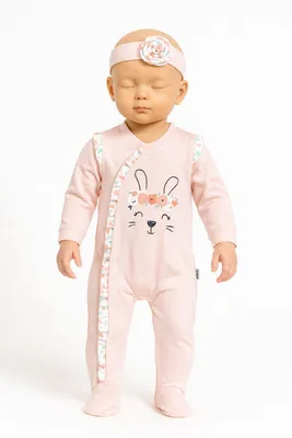 Produktbild von Baby Mädchen Strampler mit Fuß + Stirnband, 100% Baumwolle, Größe: 50, Farbe: Apricot